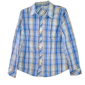 Motherhood Maternity blue cream plaid long sleeve button shirt